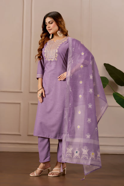 Lavender Embroidered Straight Kurta with Trousers & Dupatta