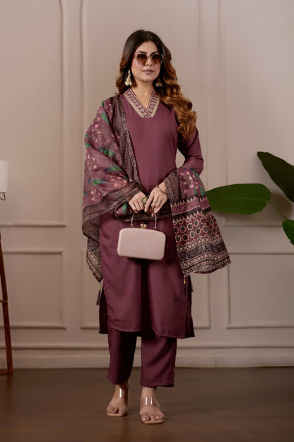 Women's Embroidered Kurta Set with Printed Dupatta, 3 Piece Suit