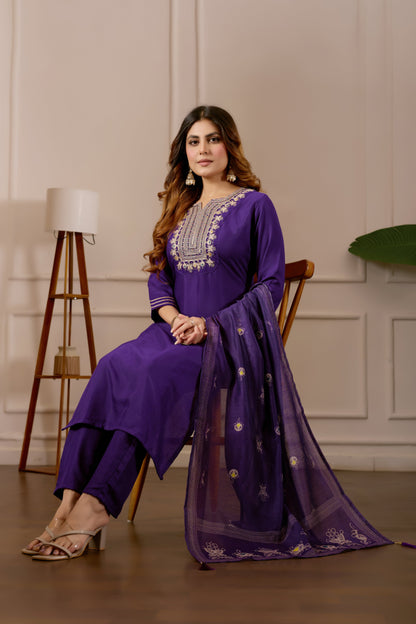 Purple Embroidered Straight Kurta with Trousers & Dupatta