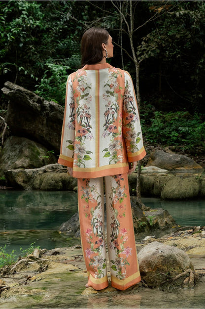 Floral printed Cotton Slub Co-ord Set with a V-neck tunic and matching wide-leg trousers
