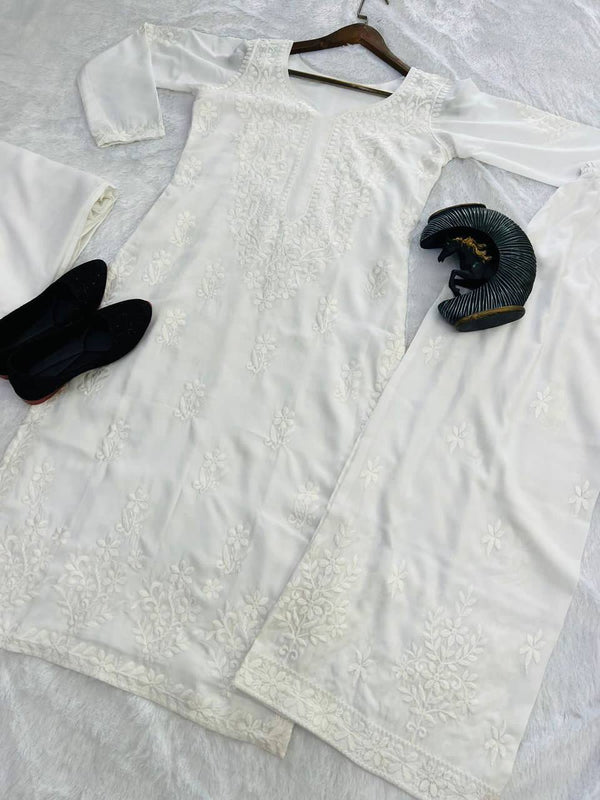 Premium White Maslin Embroidered Kurti Set with Palazzo & Dupatta