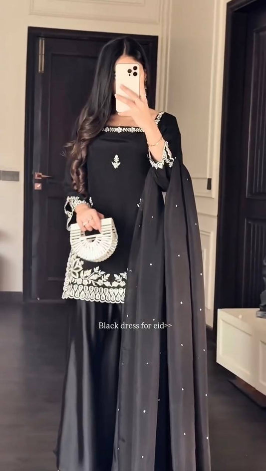 Heavy Natural Crep Designer Ladies Palazzo Suit, 3-Piece Set