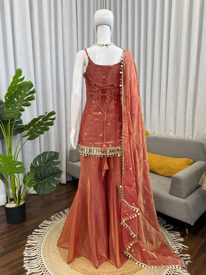 Designer Mirror Work Kurta Palazzo Set for Women – Fendy Silk Party Wear Suit with Dupatta | Wedding, Sangeet